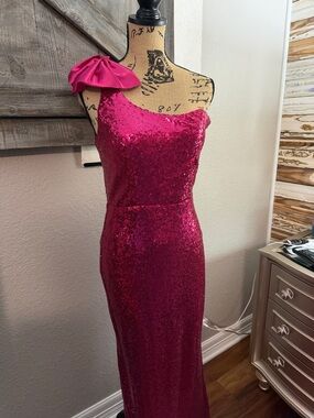 Sequin One-Shoulder Evening Gown in Fuchsia with Bow Accent